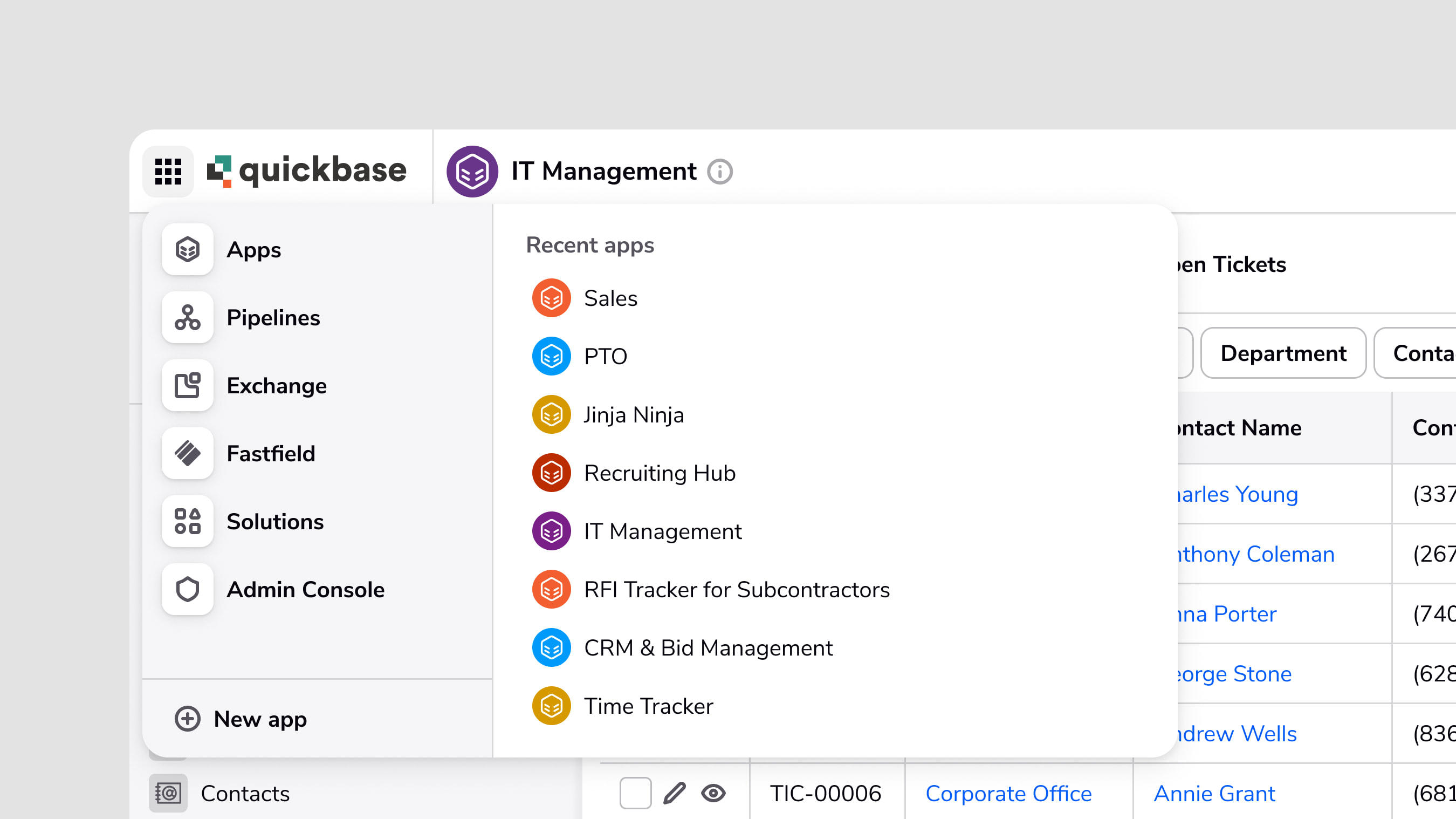 Quickbase navigation global nav menu