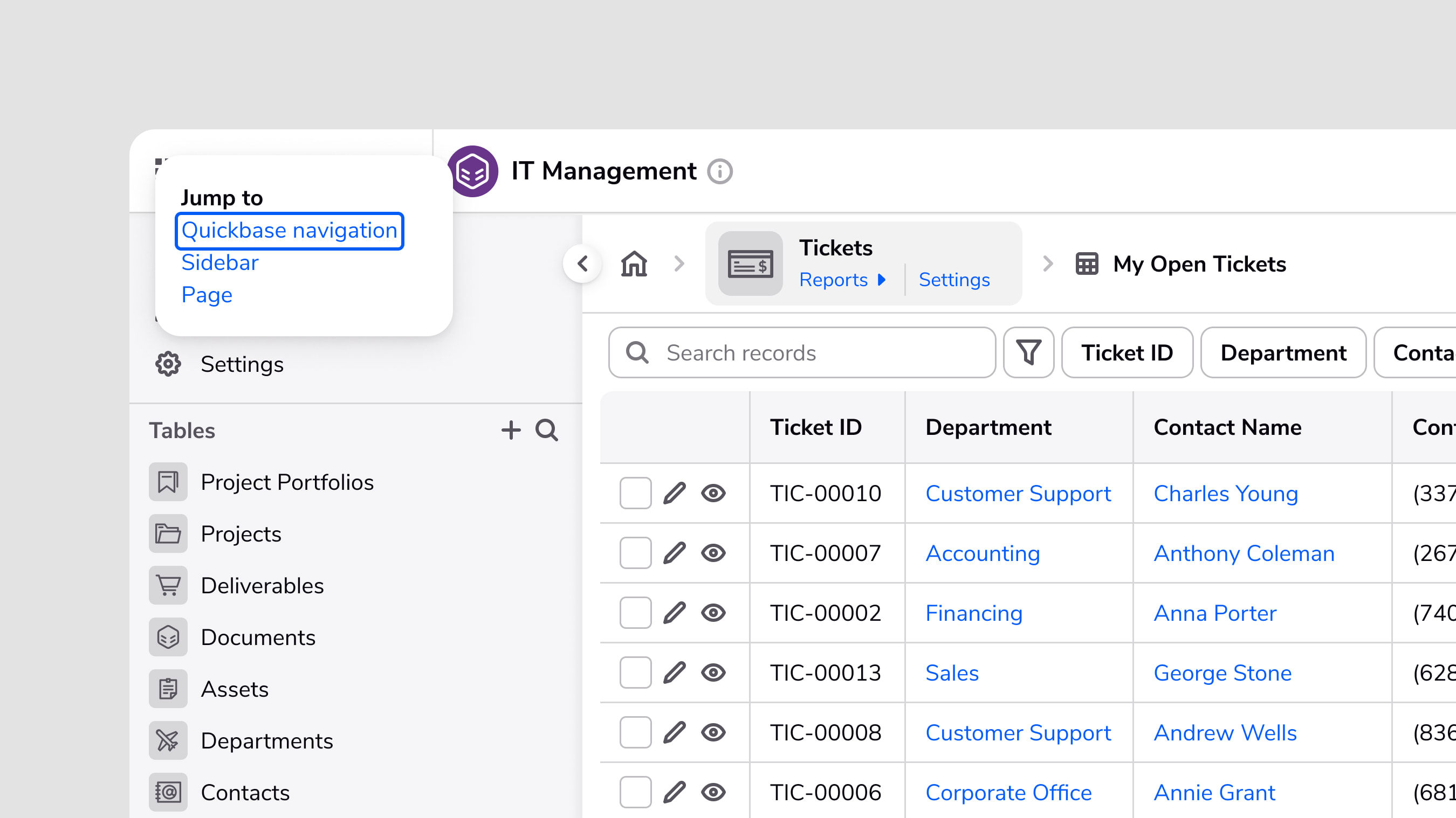 Quickbase navigation 'jump to' menu for accessibility