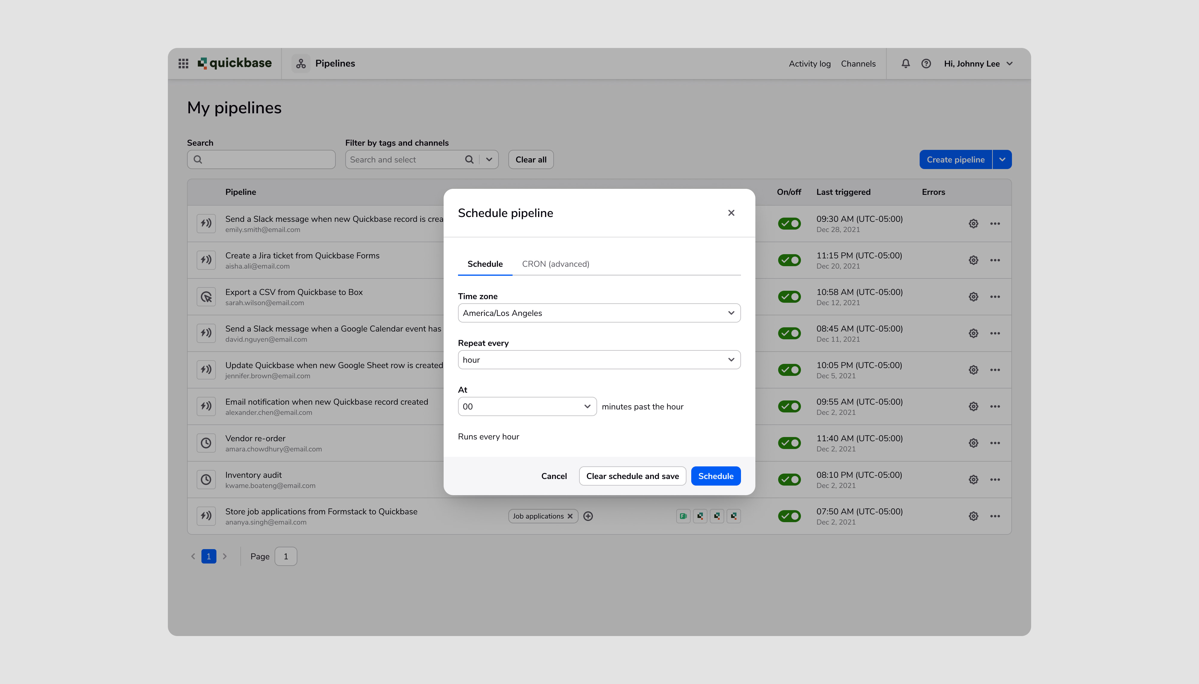 Quickbase Pipelines scheduler